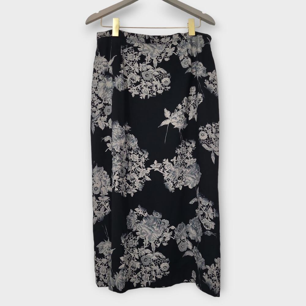Vintage Briggs Skirt Womens L / XL Petite Black Floral Pencil Below Knee Tea 90s